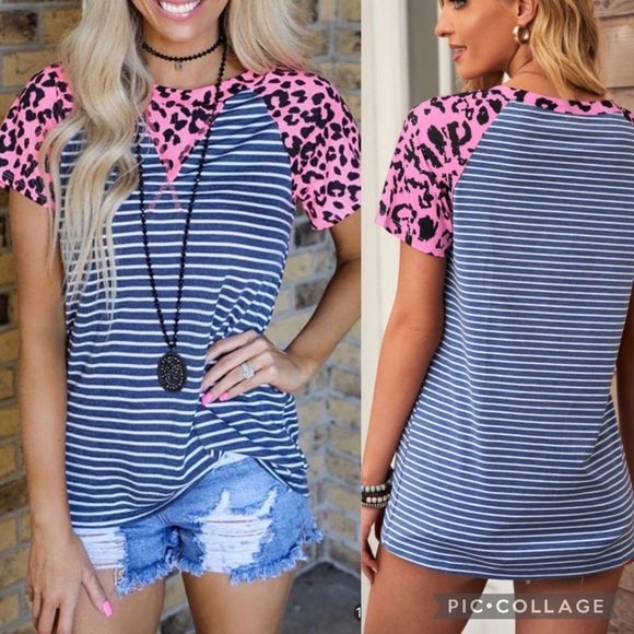 Tops - PINK Leopard Navy Stripe Fashion Top